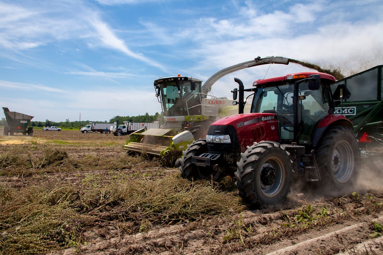 About Active farming scene with red tractor and harvester in a rural field under blue skies.